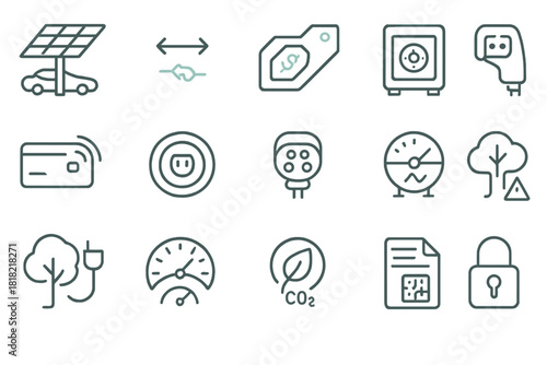 Dark teal icons of electric vehicle tech and clean energy