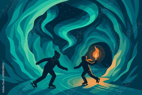 Skaters exploring icy cave under northern lights with torch