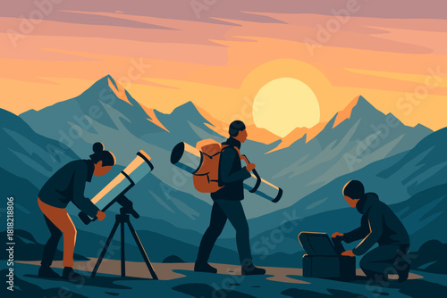 Astronomy group setting up telescopes at mountain sunset