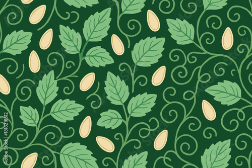 Seamless pattern of green leaves and melon seeds on dark background