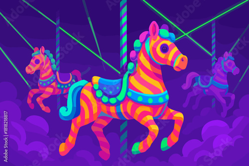 Neon carousel horses with vibrant striped patterns