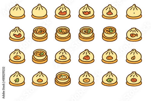 Hand-drawn dumpling and dim sum icons on brown background