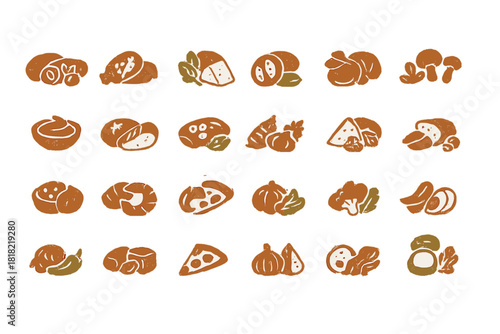 Set of rustic food ingredient icons in warm tones on brown background