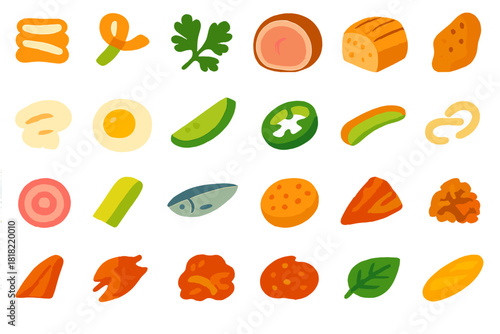 Set of colorful food ingredient icons on warm gradient background