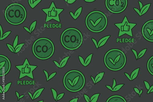 Green eco pledge and CO2 reduction icons on dark background