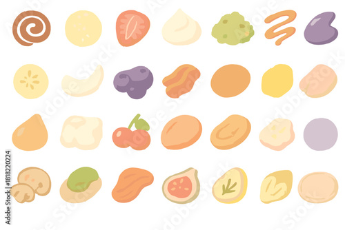 Set of colorful food toppings icons on warm gradient background
