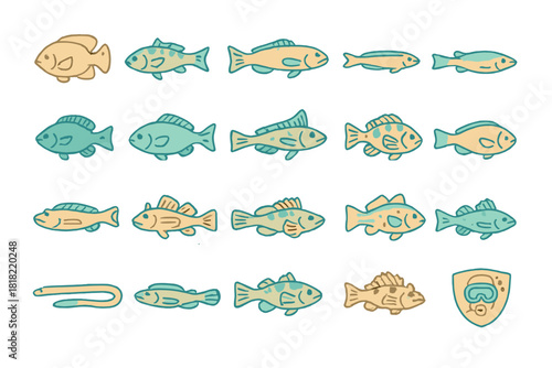 Set of stylized fish icons with scuba diver badge illustration