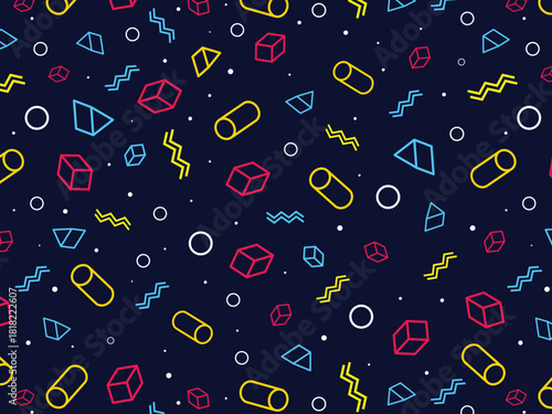 1980s retro seamless pattern with design. Dark blue 80's graphic design. Illustration for apparel, textile, backgrounds, and web projects.
