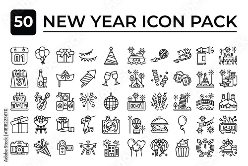 Happy New Year Icon Set Vector Art Illustration for Festive Celebration, Party Elements, Fireworks, Gifts, and Seasonal Holiday Designs