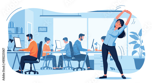 Boost employee wellbeing with a modern office wellness program featuring stretching breaks and happy healthy workers in a vibrant workspace