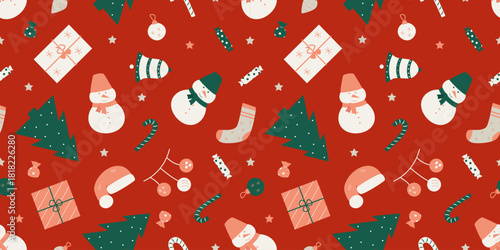 Christmas seamless pattern. Background Christmas winter elements. for holiday packaging, wrapping paper and gifts. On a red background.