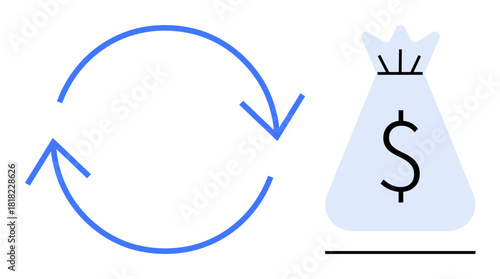Circular arrows next to a money bag with a dollar sign, representing financial transactions, cash flow, and economic exchange. Ideal for concepts thumbs up savings, business, investment, finance