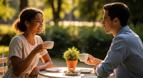 A woman and a man enjoying morning coffee together outdoors. Couple having breakfast with hot drink at cafe table for dating and relationship.