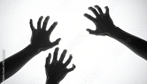 Three grasping hands, reaching up, black silhouette on white