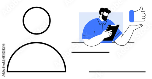 Outline of a user profile beside a professional holding a clipboard, displaying a thumbs-up approval. Ideal for user feedback, profile review, evaluations, hiring, satisfaction, trust, simple flat