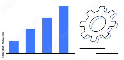 Blue ascending bar graph paired with a gear symbolizes growth, efficiency, business strategy, data analysis, development, performance optimization, and innovation. Ideal for simple flat metaphor