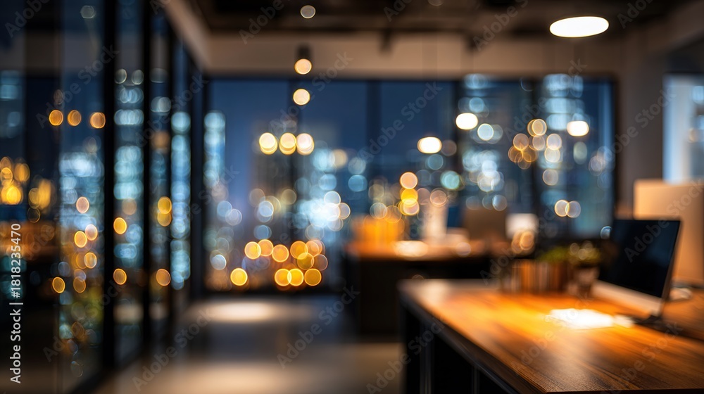 Fototapeta premium A night-time view of a beautifully abstract, blurred office interior room. The working space is depicted with a defocused effect, creating a soft and elegant ambiance that highlights the room's modern