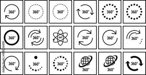 Large set of black and white 360-degree rotation and view icons, representing virtual reality, panorama, circular movement, full scope, and perspective symbols.