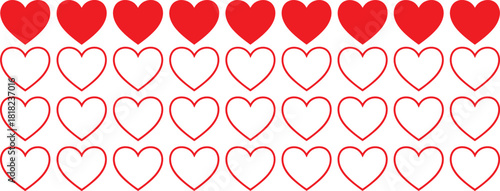Row of hearts depicting a five-star rating or life meter, featuring both solid red and outline heart symbols for feedback and health concepts.