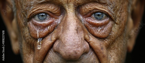 Close-up of an elderly mans face with tears in his eyes.