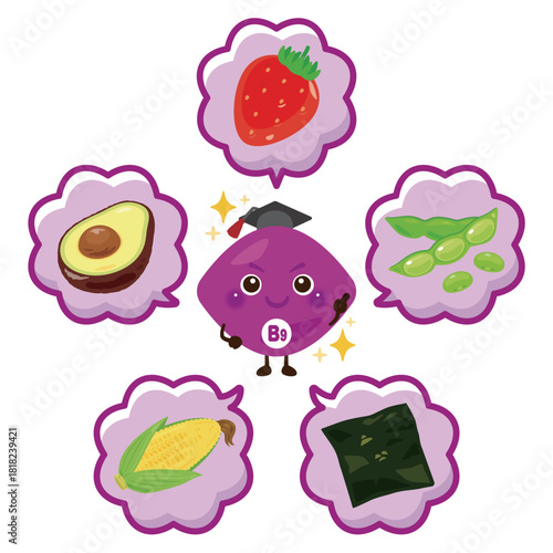 ビタミンB9を多く含む食品とビタミンB9のキャラクターイラストセット／Foods High in Vitamin B9 and Vitamin B9 Character Illustration Set