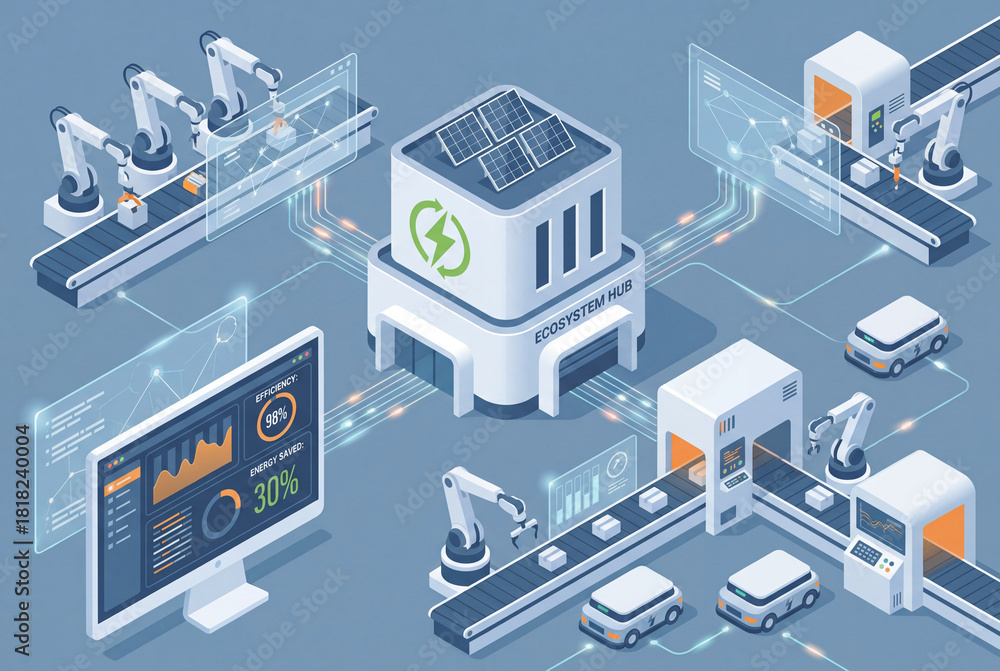 Naklejka premium Smart factory with robotic arm, conveyor belt, and autonomous vehicle connected to ecosystem hub for efficient energy management and automated production system
