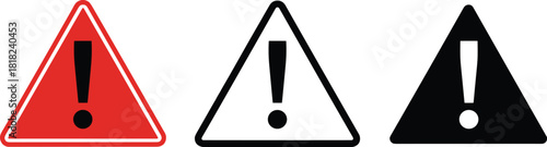 Set of three triangular warning sign icons featuring exclamation marks in black and red, representing danger, alert, hazard, and attention symbols.