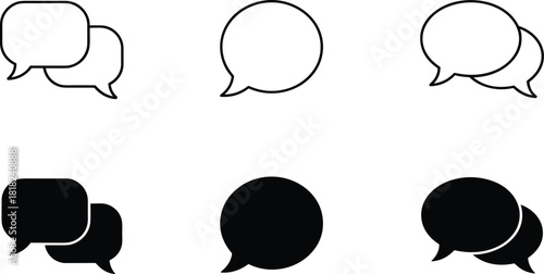 Six variations of black and white chat and speech bubble icons, showing line and filled styles for digital communication, dialogue, and messaging applications.