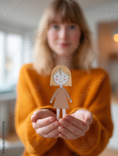 woman in a warm orange sweater standing in a bright, modern home environment. She holds one illustrated paper cut-out figure in her hand