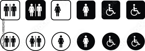 Universal restroom and toilet sign icons set featuring male, female, and disabled accessibility symbols in black and white square and circle designs.