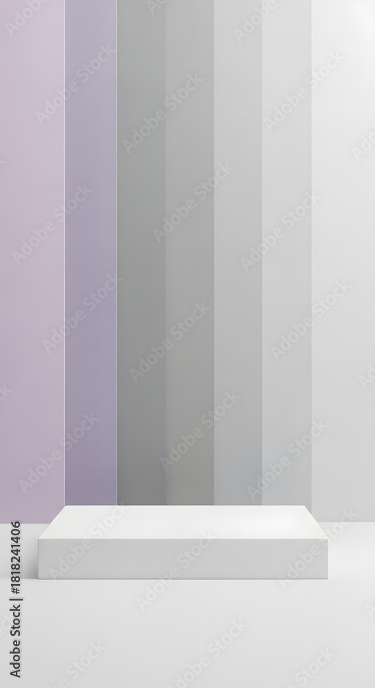 Fototapeta premium A minimalist white rectangular pedestal against a striped background of purple, grey, and white.