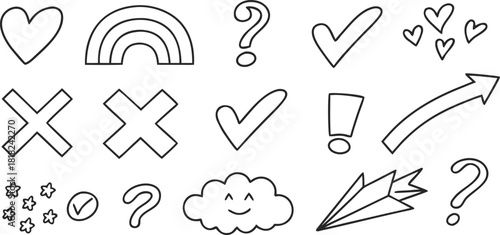 Hand drawn doodle icon vector set featuring communication symbols: hearts, check marks, crosses, question marks, arrows, happy cloud.