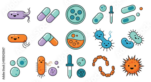 Cute cartoon bacteria germs and pills vector illustration set