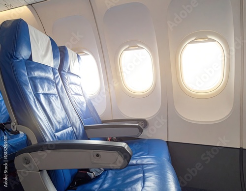 Airplane seats with blue upholstery, view near two windows