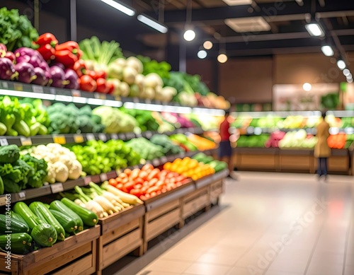 Blurred grocery store produce aisle, vibrant & colorful