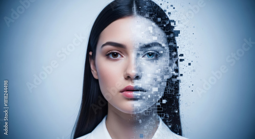 Serious woman face for deepfake detection concept. Artificial intelligence technology creating virtual portrait