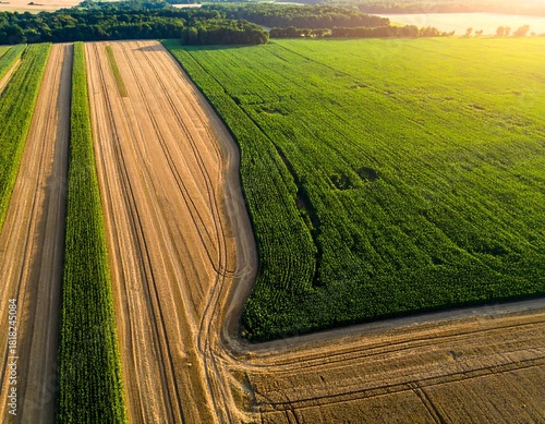Aerial view of cultivated fields green and brown crops, with a boundary and patches. The sun is illuminating from the top-right