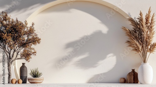 A minimalist interior scene with decorative elements like a tree, vases, and dried reeds, bathed in soft, diffused sunlight casting shadows on a curved wall.