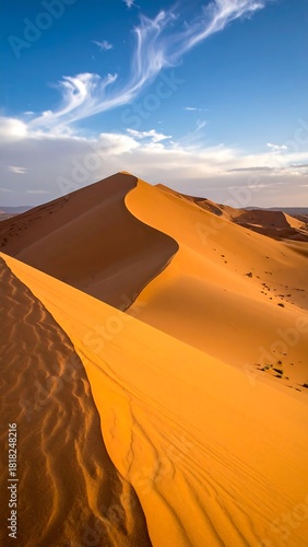 Aerial view of expansive sand dunes under a vibrant blue sky with wispy clouds during golden hour. The sunlight casts long shadows