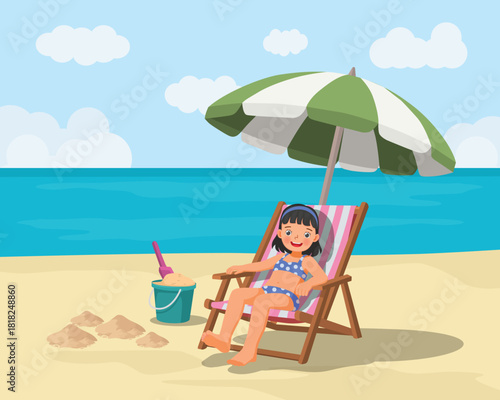 Little girl sitting on beach chair relaxing under umbrella on the beach at summer vacation