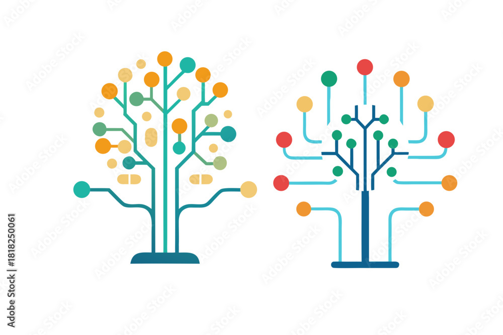 Fotografie Two stylized digital trees with colorful circular nodes and branching circuit bo