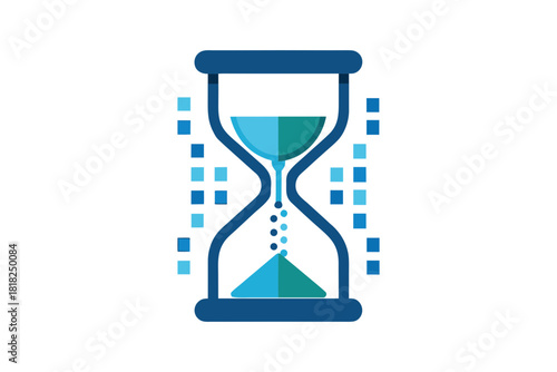 Digital hourglass with flowing sand and data blocks representing time passing and information technology