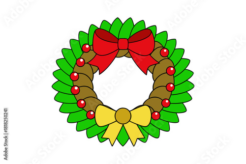 A festive christmas wreath adorned with vibrant green leaves red berries and two decorative bows one red and one yellow on a black background