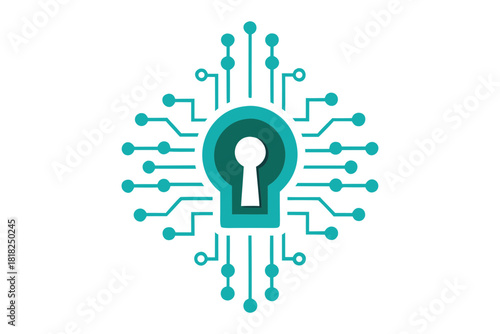 Digital keyhole icon symbolizing cybersecurity and data protection within a circuit board network on a black background