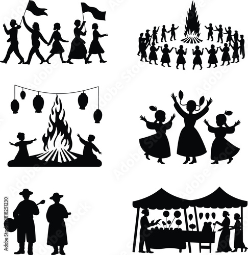 Silhouette illustrations of people celebrating and engaging in outdoor activities Keywords: celebration, parade, dancing, bonfire, fire, festival, gathering, community