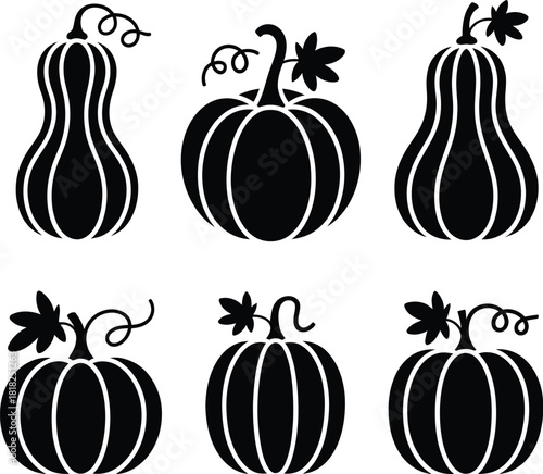 Six Black Silhouette Pumpkins and Gourds with Stems and Leaves on White Background vector illustration