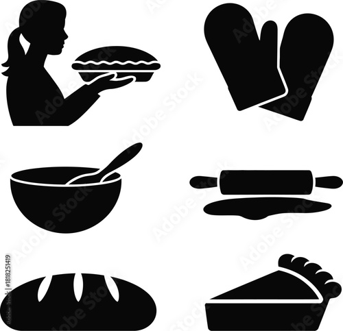 Baking and Cooking Silhouettes Including Woman Pie Oven Mitts Bowl Rolling Pin and Bread Keywords: baking, cooking, silhouette, woman, pie, oven mitts, bowl, spoon, rolling pin