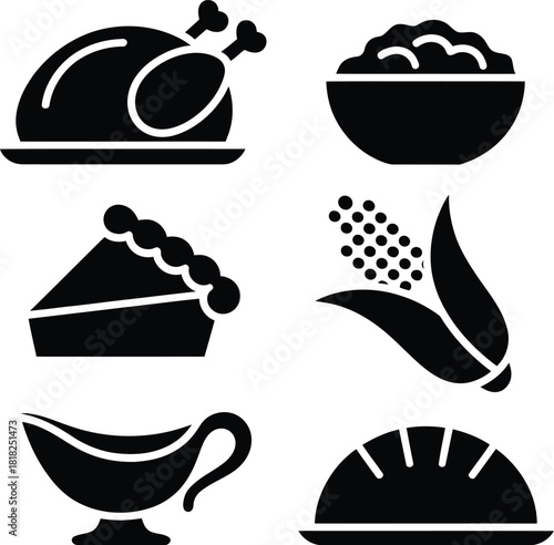 Black Silhouette Icons of Thanksgiving Dinner Foods and Gravy Boat vector illustration