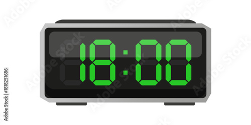 Digital alarm clock. Eighteen hours shown. Time 18 00. Green numbers vector. Electronic LED display.