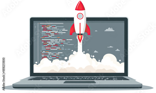 Illustration of a rocket taking off from a laptop screen displaying abstract code